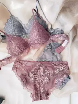 French women's bra deep V thin triangle cup gathered sexy lace without steel ring soft and comfortable underwear set