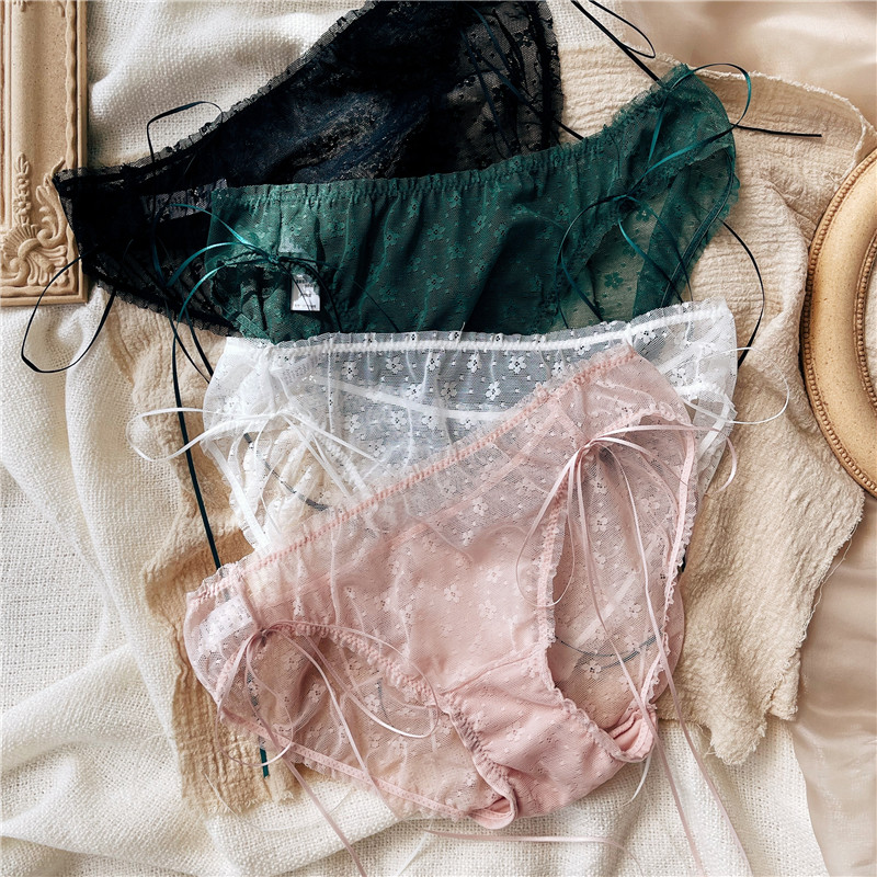 Less Lady Briefs Low Waist Triangle Shorts Sexy Lace Butterfly Knots Hip Cotton Crotch Girl Transparent Seduction Day