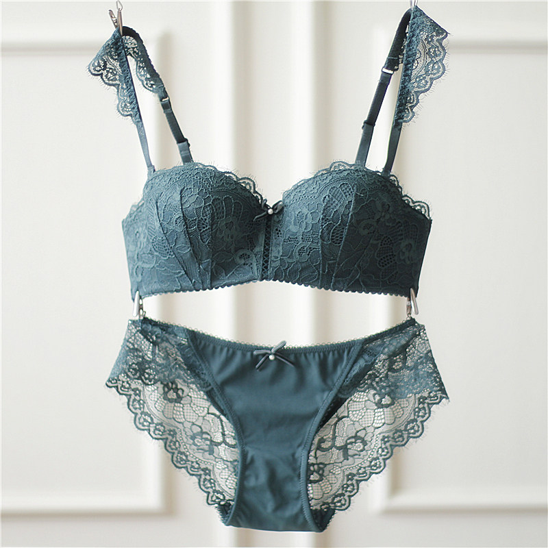 European and American bra thickened with half a cup of trust Sexy Lace Transparent Teenage Girl Small Breast Underwear Suit Netting Spring Summer