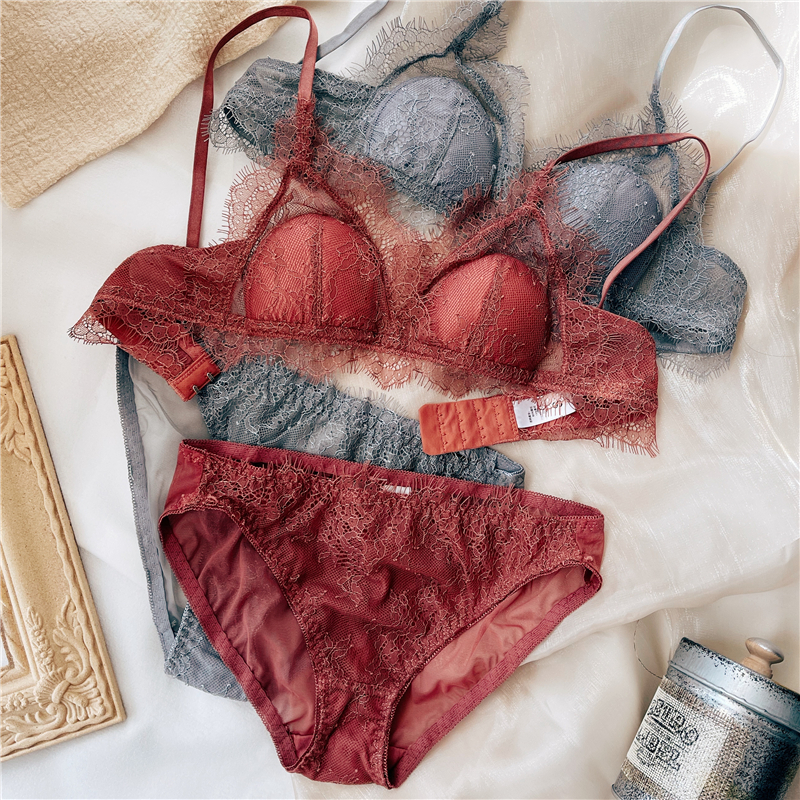 French lady bra sexy cotton gathering steel-free ring comfort lace mesh transparent breathable underwear set autumn