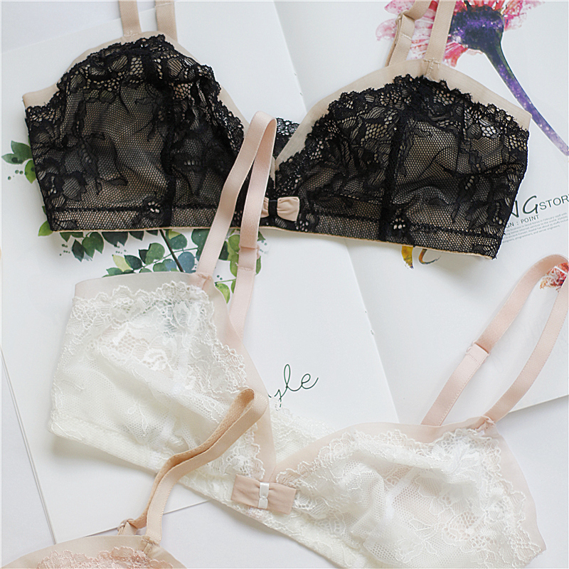 European and American girls bra ultra-thin lace sexy steel-free ring mesh breathable home small chest transparent summer