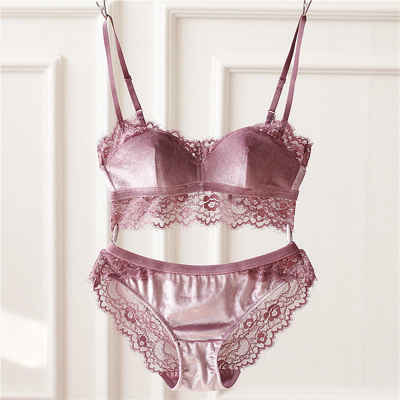 European and American bra slim-free steel ring half-cup lace mesh yarn pure color minimalist lingerie suit velvet sexy autumn and winter new