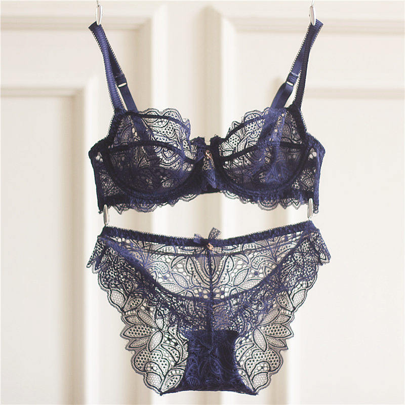 European and American retro less feminine sense bra ultrathin lace big chest underwear suit transparent and large size spring and summer new