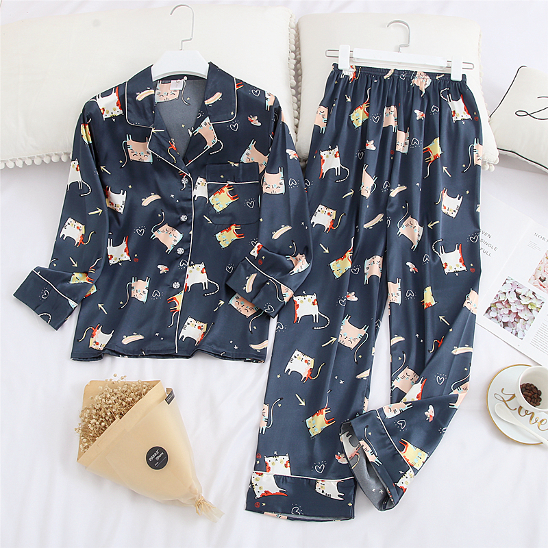 Teenage Girl Sleepwear Long Sleeve Long Pants Two Sets Home Clothes Emulation Silk Ice Silk Cute Printed Cardiovert Spring Summer