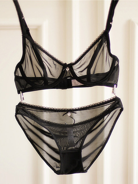 European and American women's black fully transparent bra set ultra-thin sexy mesh spring and summer underwear lace small breast bra