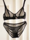 European and American women's black fully transparent bra set ultra-thin sexy mesh spring and summer underwear lace small breast bra
