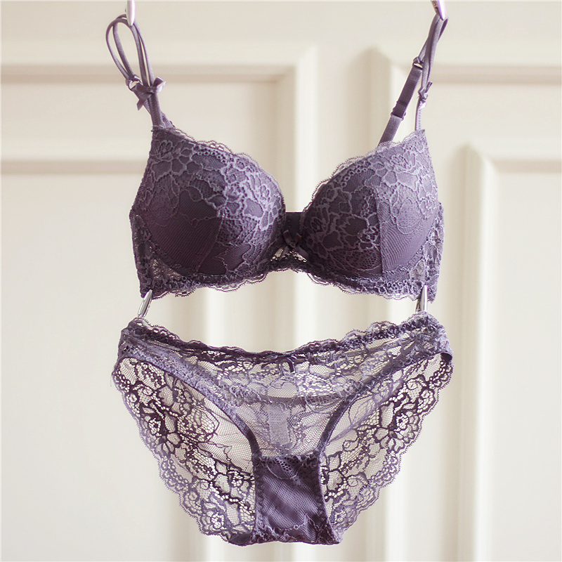 European and American Women's Lingerie Set with Thin Top and Thick Bottom, Push-Up, Sexy Lace Mesh, Adjustable, Side Breast Support, Autumn and Winter