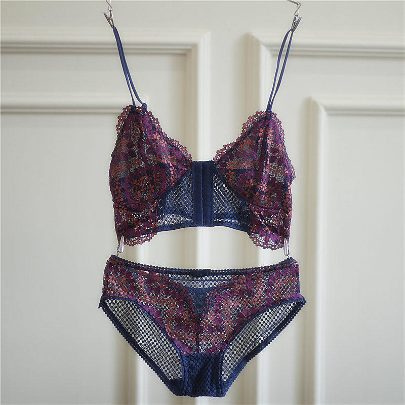 欧美内衣超薄 性感蕾丝文胸套装 收副乳宽侧翼波西米亚无钢圈夏季