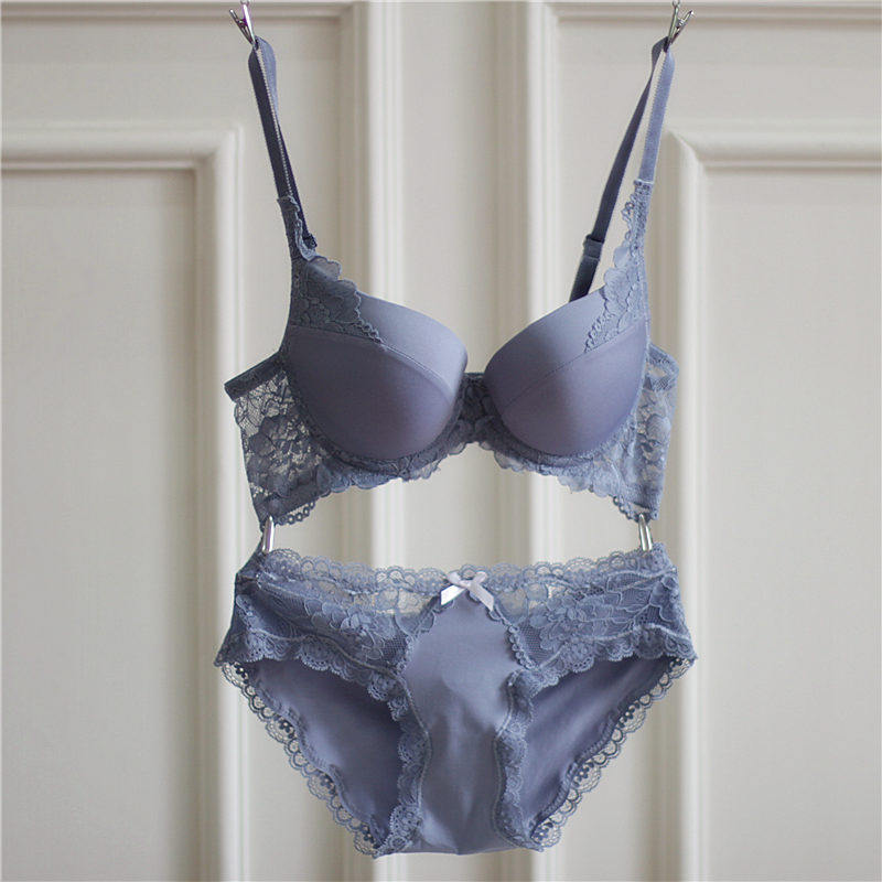 欧美少女文胸性感蕾丝刺绣厚款聚拢光面纯色收副乳内衣套装小胸夏