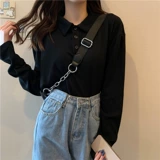 Короткий базовый приятный телу брендовый лонгслив для школьников, коллекция 2021, осенний, воротник поло, оверсайз