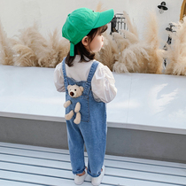 Girls spring suit spring and autumn 2021 New Foreign Sports childrens clothes female baby fashionable denim strap pants