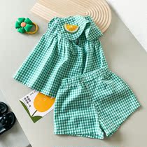 Girl suit Summer slim fit 2022 new ocean gas plaid child vest female baby summer fit shorts two-piece set