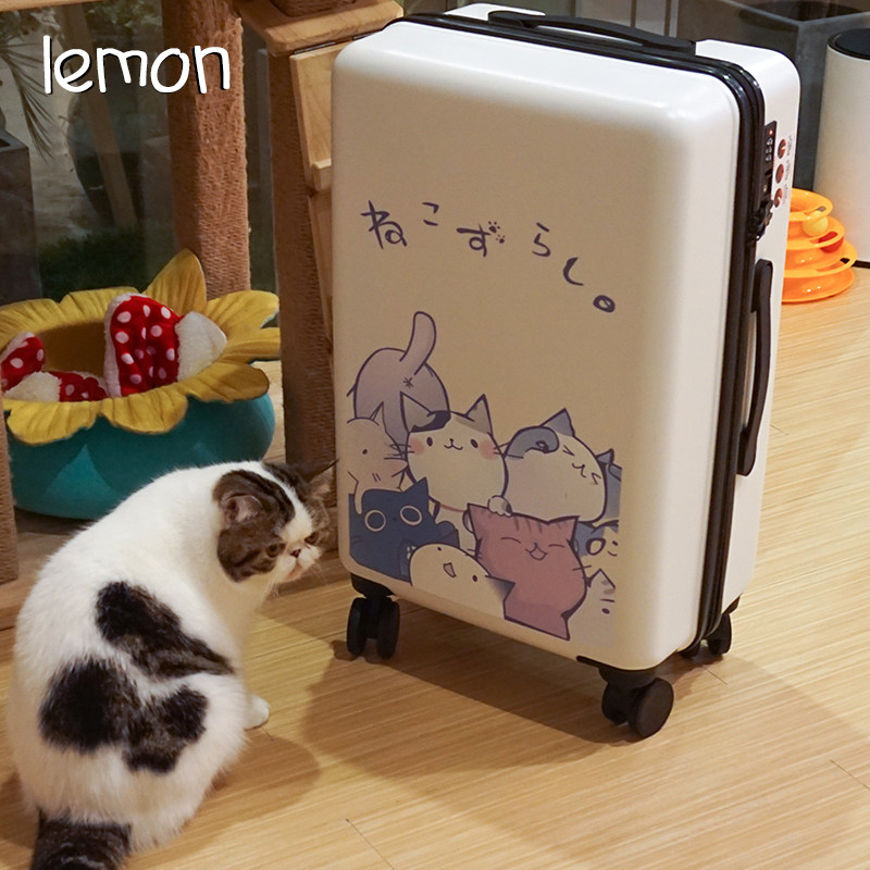 Cartoon cat-themed Japanese style 20-inch trolley suitcase for women, cute and refreshing travel suitcase with universal wheels, 24-inch carry-on suitcase.
