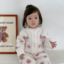 Good night KK autumn and winter thick super warm cute little strawberry childrens soft cotton shirt trousers set parent-child suit