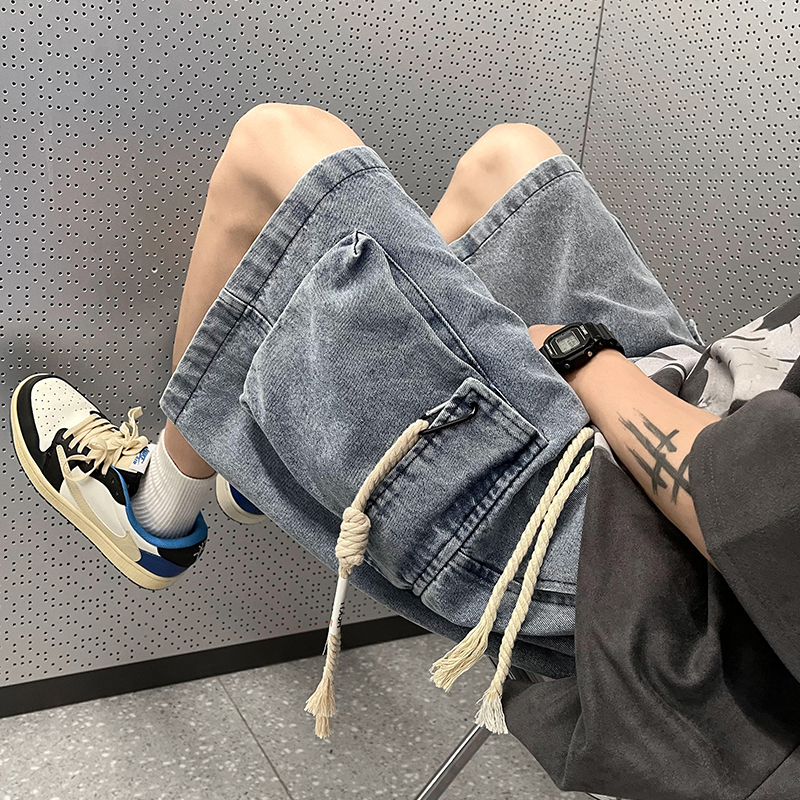 Summer Thin Elastic Waist Denim Cargo Shorts for Men, Washed 5-Point Trendy Brand Distressed Multi-Pocket Youth Pants
