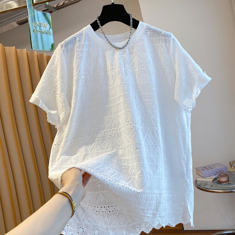 White Crochet Hollow-Out T-Shirt for Women, Short-Sleeved, 2026 New Style, Loose, Unique, Exquisite, Very Beautiful Lace Blouse Top