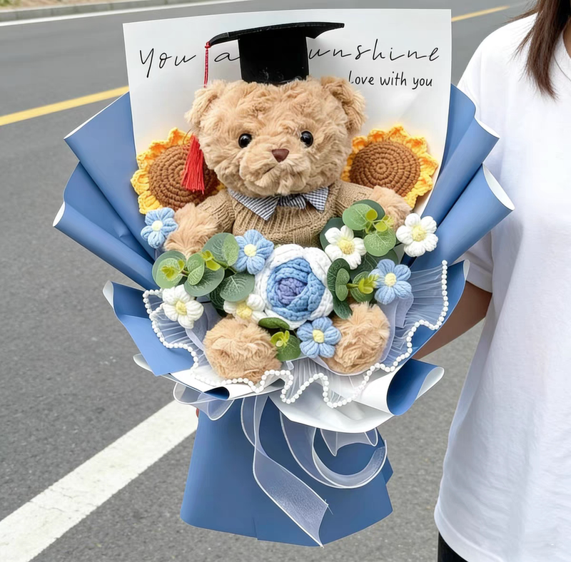 Teddy Bear Graduation Bouquet Plush Toy Knitted Creative Coming-Of-Age Gift for Girls Birthday Doll Graduation Season Gift for Children High School