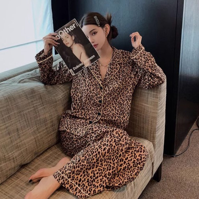 Pajamas for Women, Spring and Autumn 2026 New Style, Long-Sleeved Pure Cotton Gauze, Large Size, Summer Leopard Print, Autumn and Winter Home Wear Set