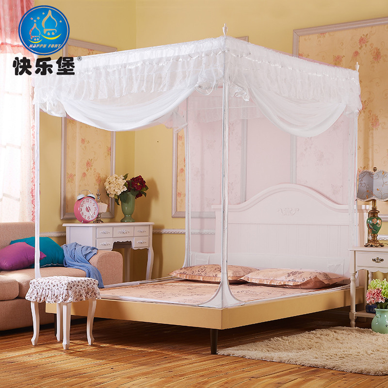 Happy Castle Inner Telescopic Rod Three Doors Square Top Pull Chain Mosquito Net Encryption No Bottom Sitting Bed Type Bracket 1 8m 1 5M Bed