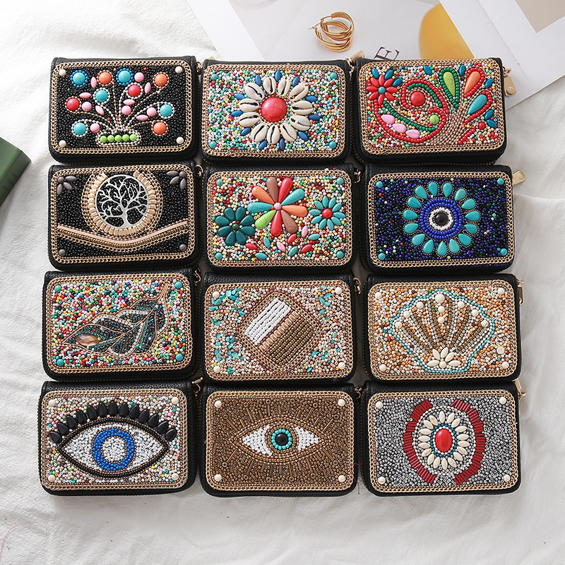 New Bohemian Heavy-Duty Millet Bead Card Holder Coin Purse, Compact Ethnic Style Multi-Layer Zipper, Unique and Niche