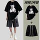 Summer pure cotton pure-sleeved suit men's trendy brand loose casual sportswear shorts two-piece set ເສື້ອທີເຊີດນັກຮຽນ