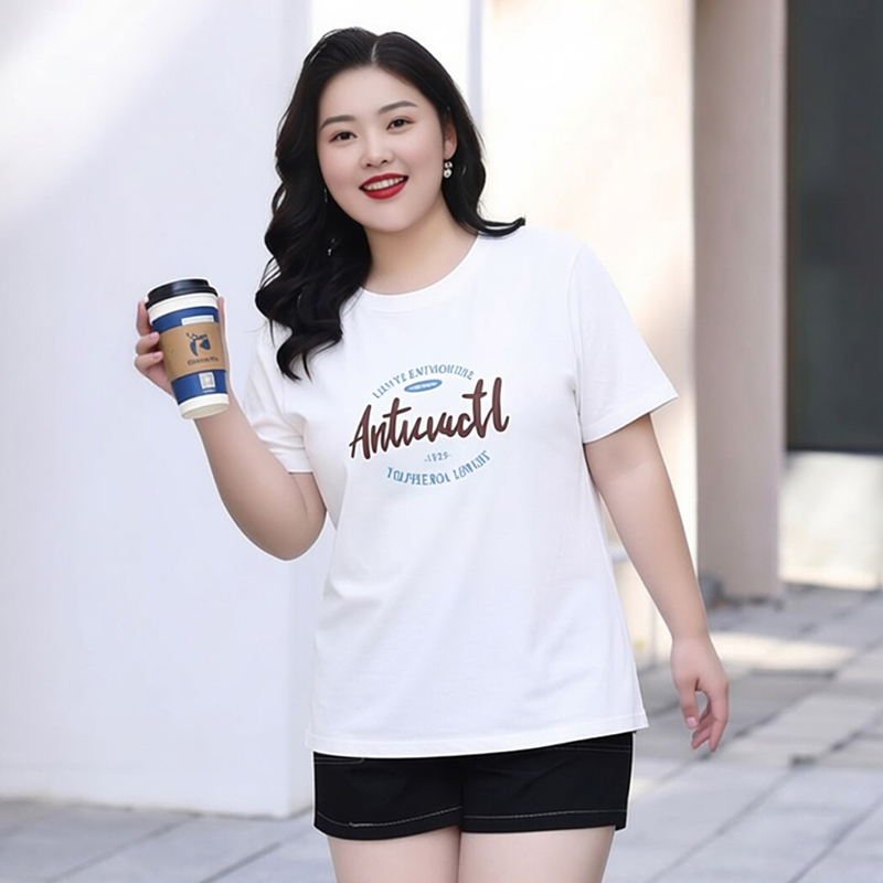 Plus Size Letter Print Short-Sleeve T-Shirt for Women, Summer Slimming Top, Casual Versatile Round Neck Tee