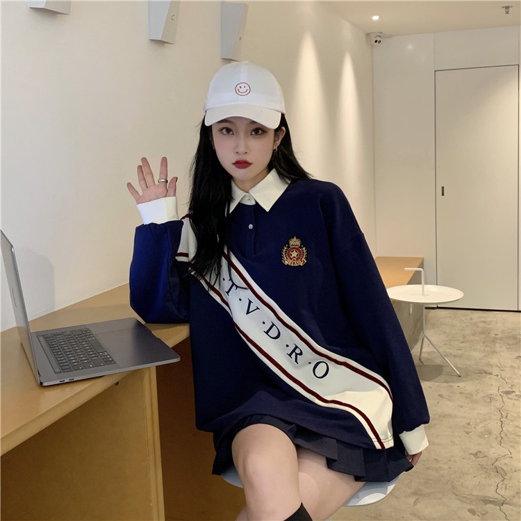 VK旗艦店 韓國學院風寬鬆百搭polo領拼接印花長袖上衣