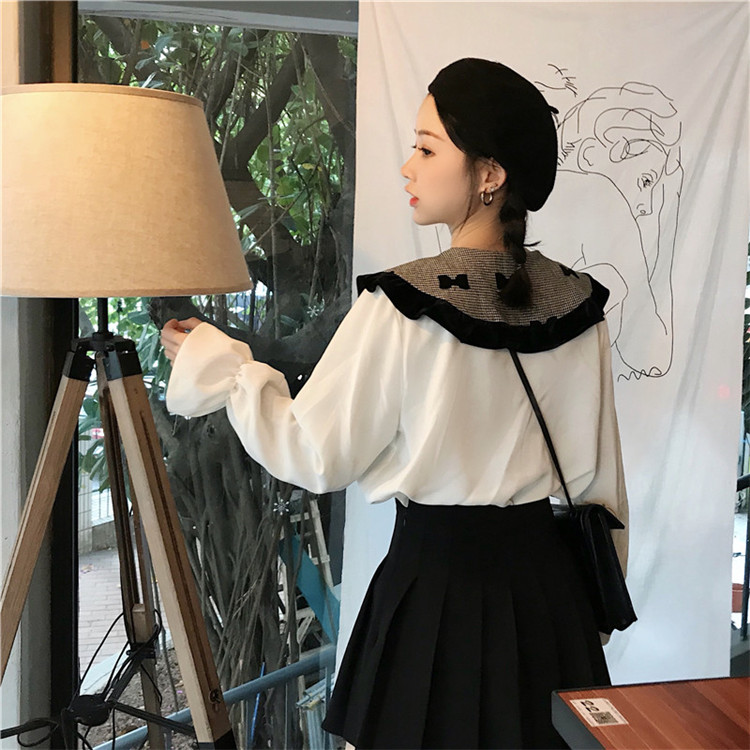 VK旗艦店 韓系寬鬆百搭撞色波點襯衫長袖上衣
