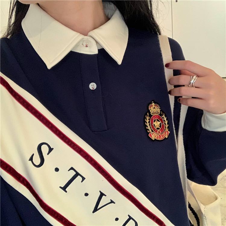 VK旗艦店 韓國學院風寬鬆百搭polo領拼接印花長袖上衣