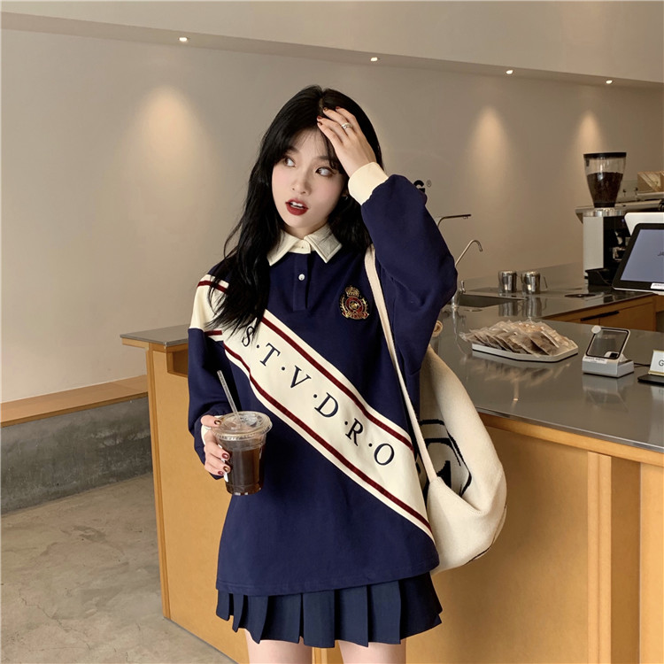 VK旗艦店 韓國學院風寬鬆百搭polo領拼接印花長袖上衣