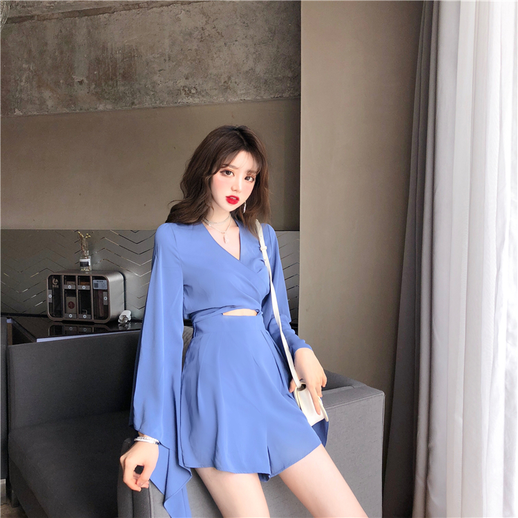 VK旗艦店 韓系V領交叉露背雪紡連身褲套裝長袖褲裝