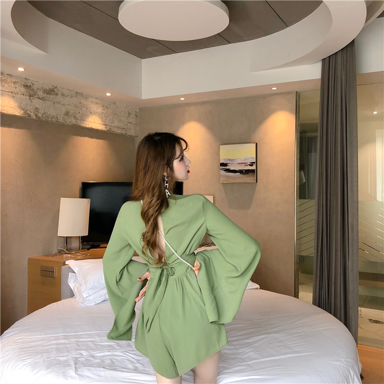 VK旗艦店 韓系V領交叉露背雪紡連身褲套裝長袖褲裝