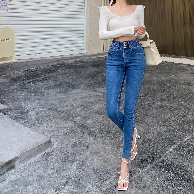 Real price! Korean style stretch pants slim fit high waist design small leg jeans