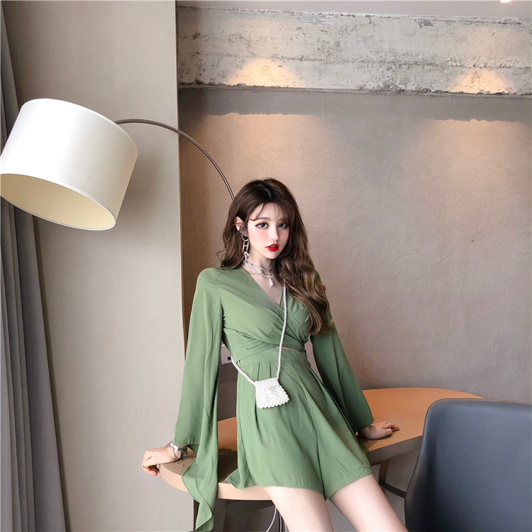 VK旗艦店 韓系V領交叉露背雪紡連身褲套裝長袖褲裝