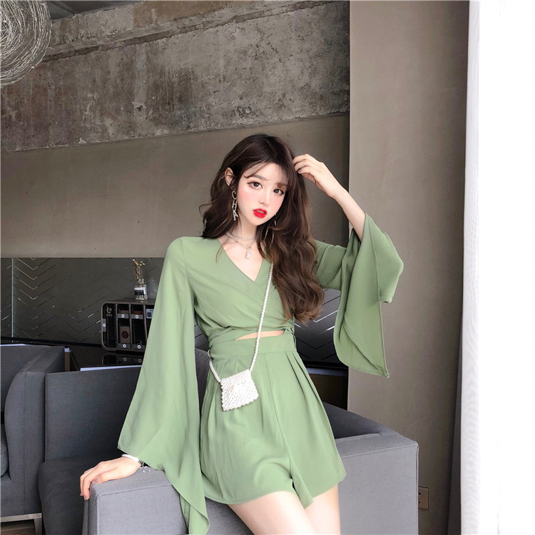 VK旗艦店 韓系V領交叉露背雪紡連身褲套裝長袖褲裝