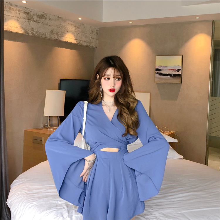 VK旗艦店 韓系V領交叉露背雪紡連身褲套裝長袖褲裝