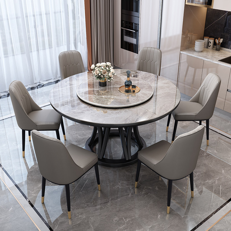 Modern minimalist marble round table with turntable home light luxury rock board dining table and chair combination solid wood round dining table