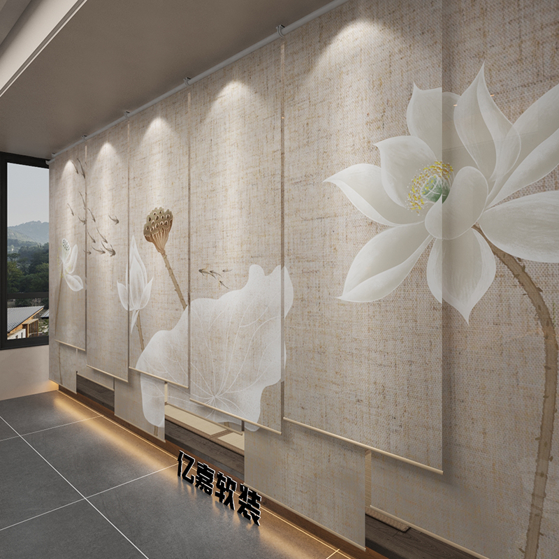Chinese Office Roller Blind Curtain Screen Soft Partition Curtain Manual Adjustable Living Room Bedroom Flower and Bird Hanging Blackout Curtain