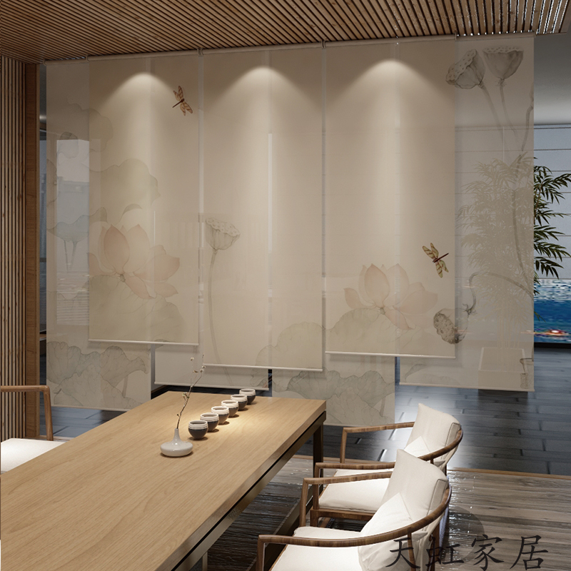 New Chinese-Style Roller Blinds, Partition Curtains, Door Curtains, Roll-Up Curtains for Living Room, Dining Room, Sunshade Screens, Tea Room, Electric Lift Curtains