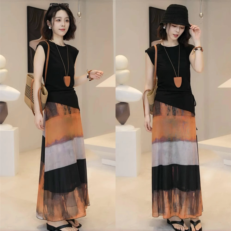 Tie-Dye Color-Blocked Printed Mesh Skirt for Women 2026 Summer Cool and Elegant Asymmetrical Lace-Up Top Two-Piece Set