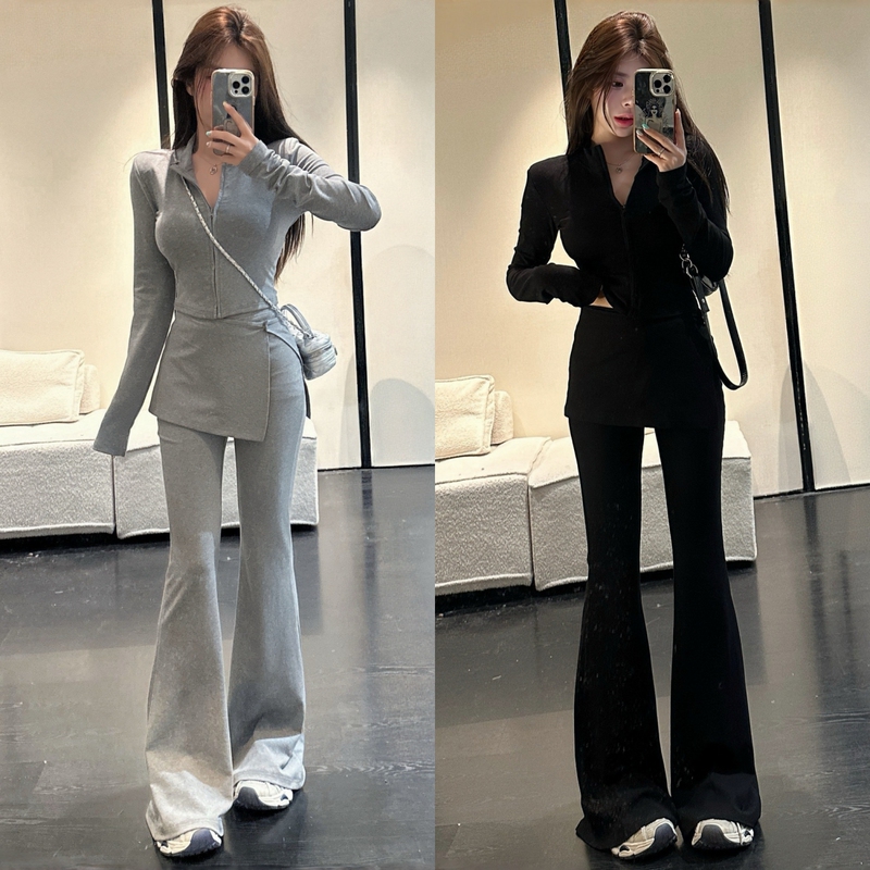 2026 Spring/Summer New Korean Style Casual Slim Fit Padded Shoulder Top with High-Waisted Flared Pants Set for Women