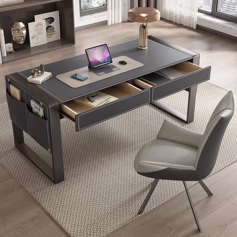 Desk Italian Minimalist Study Home Saddle Leather Office Desk Solid Wood Designer Simple Modern Light Luxury Computer Desk