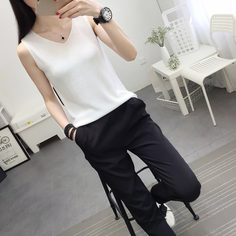 Mùa hè đen trắng nhỏ yếm nữ mặc hoang dã mặc bên trong cotton và vải lanh đan đáy áo sơ mi không tay quần áo nữ đẹp