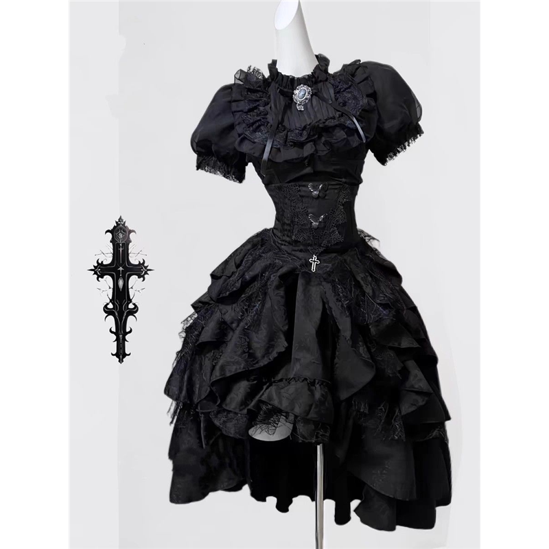 Dark Gothic Style Lolita Lace Dark Pattern Elegant Slimming Two-Piece Jacquard Waist-Cinching Skirt Halloween Outfit