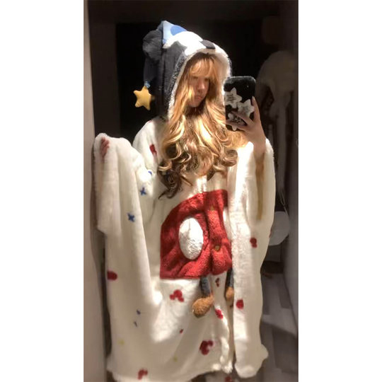 少女可爱卡通毛绒睡裙睡衣女秋冬季新款珊瑚绒家居服连帽加厚睡袍