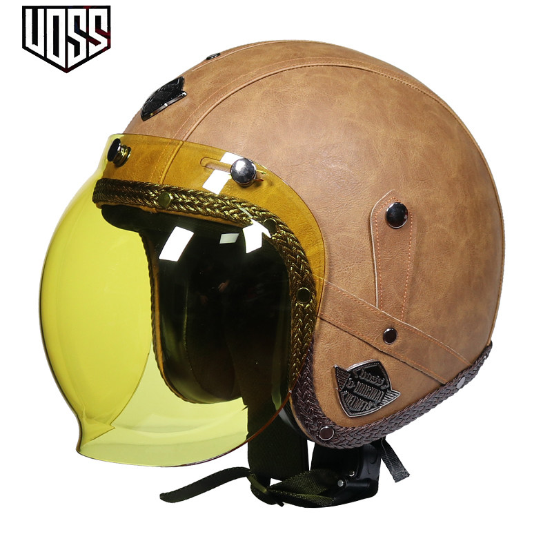 Electric car vintage Harley hard hat four seasons scooter 3 4 helmets personality men and women PU leather half helmet winter