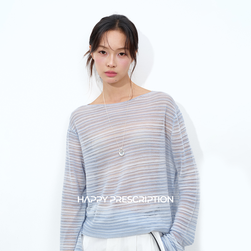 Happy Prescription Striped Sunscreen Shirt Soft Fufu Morandi Striped Wool Sweater Versatile Cover-Up