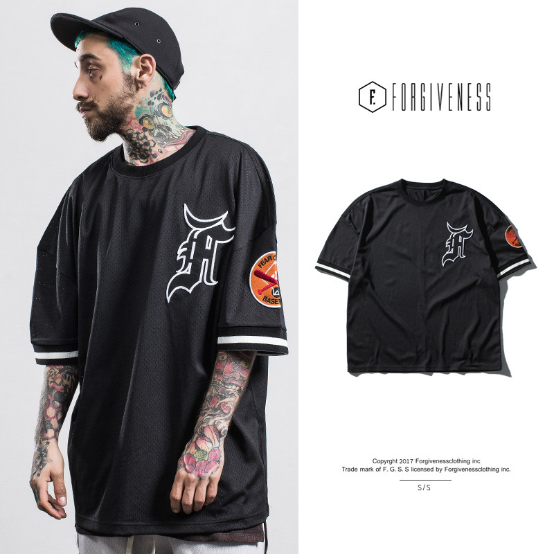 欧美高街宽松掉肩短袖F.O.G.丁日比伯GD款棒球T恤 街头棒球服男