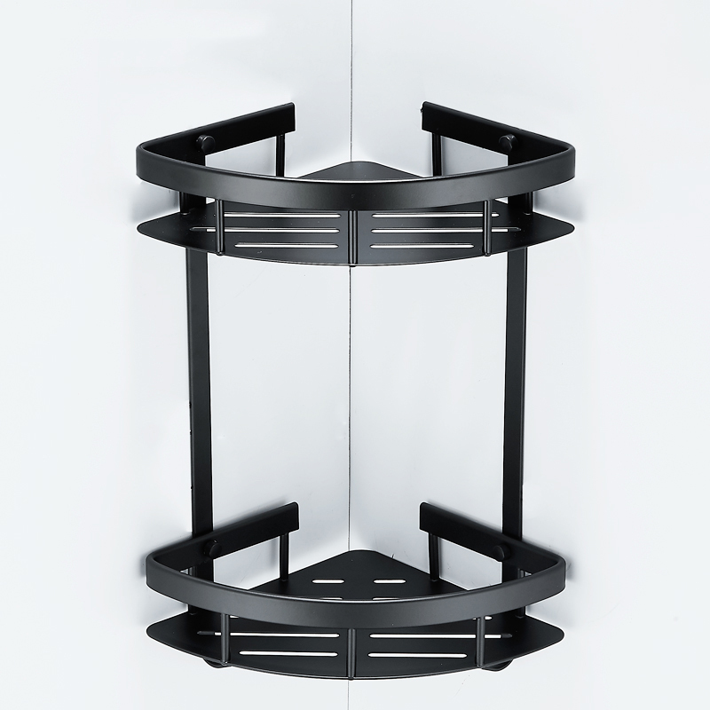 Bathroom Shelf, Space Aluminum, Double-Layer Triangular, Wall-Mounted for Bathroom/Toilet, No-Drill Installation, Black