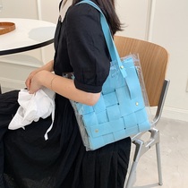 Hand woven bag diy homemade material bag gift blue woven strip shoulder bag transparent bag 2021 New Tide